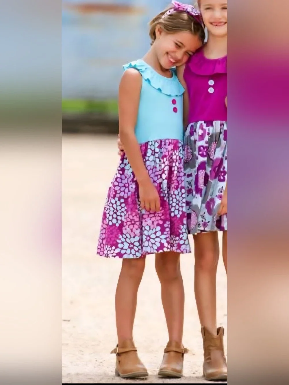 Eleanor Rose Girls Cotton Spandex Blue Purple Floral Ruffle Twirl Dress Size 5-6